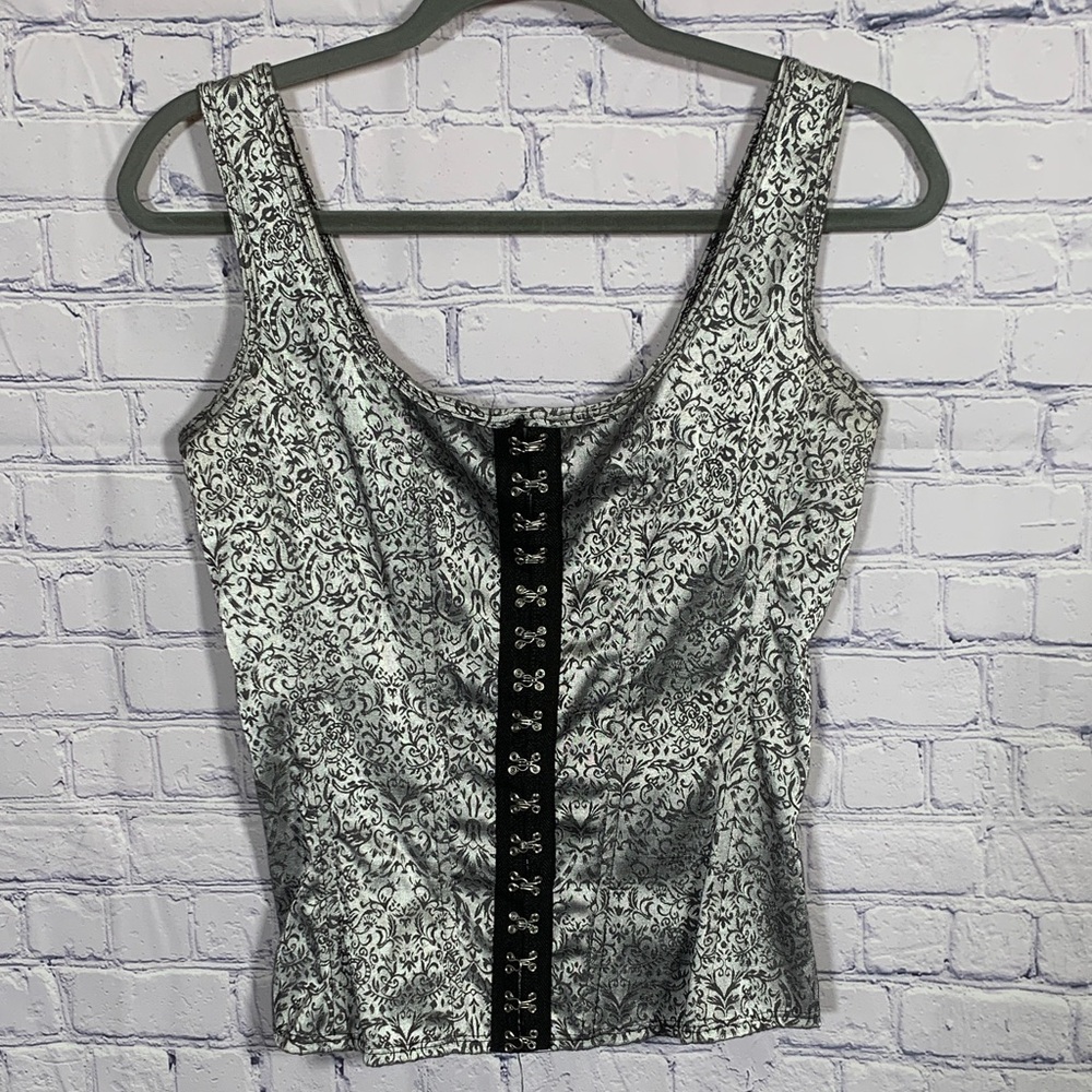 Super Low Fat Womens Floral Print Corset Boned Tank Black Silver Sz L Whimsigoth